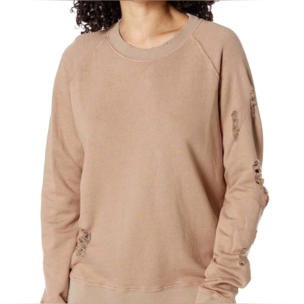 n:philanthropy destroyed sweatshirt L tan GUC $168 Blackbird distressed brown